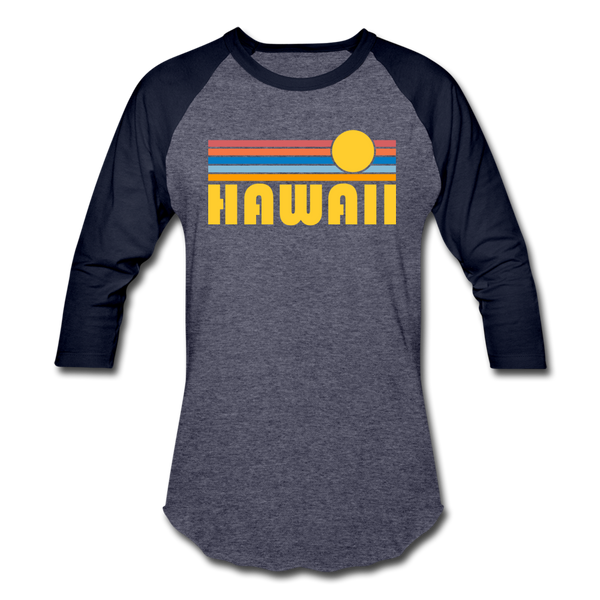 Hawaii Baseball T-Shirt - Retro Sunrise Unisex Hawaii Raglan T Shirt - heather blue/navy