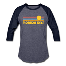 Florida Keys, Florida Baseball T-Shirt - Retro Sunrise Unisex Florida Keys Raglan T Shirt - heather blue/navy