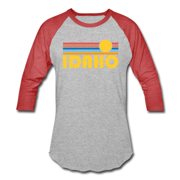 Idaho Baseball T-Shirt - Retro Sunrise Unisex Idaho Raglan T Shirt - heather gray/red