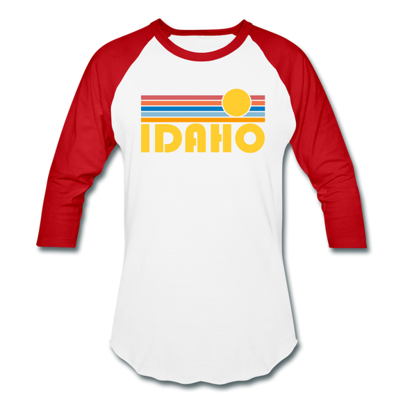 Idaho Baseball T-Shirt - Retro Sunrise Unisex Idaho Raglan T Shirt - white/red