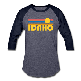 Idaho Baseball T-Shirt - Retro Sunrise Unisex Idaho Raglan T Shirt - heather blue/navy