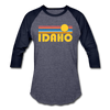Idaho Baseball T-Shirt - Retro Sunrise Unisex Idaho Raglan T Shirt - heather blue/navy