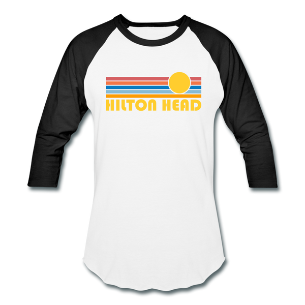 Hilton Head, South Carolina Baseball T-Shirt - Retro Sunrise Unisex Hilton Head Raglan T Shirt - white/black
