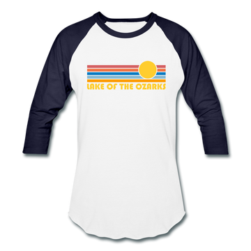 Lake of the Ozarks, Missouri Baseball T-Shirt - Retro Sunrise Unisex Lake of the Ozarks Raglan T Shirt - white/navy