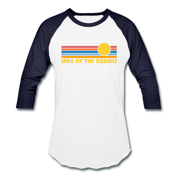 Lake of the Ozarks, Missouri Baseball T-Shirt - Retro Sunrise Unisex Lake of the Ozarks Raglan T Shirt - white/navy