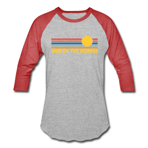 Lake of the Ozarks, Missouri Baseball T-Shirt - Retro Sunrise Unisex Lake of the Ozarks Raglan T Shirt - heather gray/red