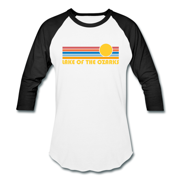 Lake of the Ozarks, Missouri Baseball T-Shirt - Retro Sunrise Unisex Lake of the Ozarks Raglan T Shirt - white/black