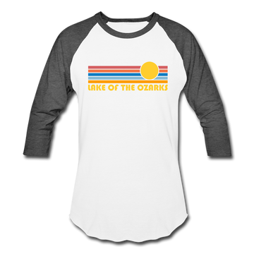 Lake of the Ozarks, Missouri Baseball T-Shirt - Retro Sunrise Unisex Lake of the Ozarks Raglan T Shirt - white/charcoal