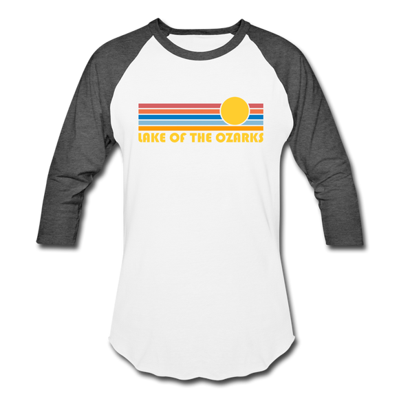 Lake of the Ozarks, Missouri Baseball T-Shirt - Retro Sunrise Unisex Lake of the Ozarks Raglan T Shirt - white/charcoal