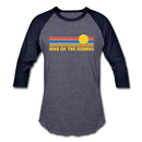 Lake of the Ozarks, Missouri Baseball T-Shirt - Retro Sunrise Unisex Lake of the Ozarks Raglan T Shirt - heather blue/navy