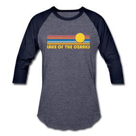 Lake of the Ozarks, Missouri Baseball T-Shirt - Retro Sunrise Unisex Lake of the Ozarks Raglan T Shirt - heather blue/navy