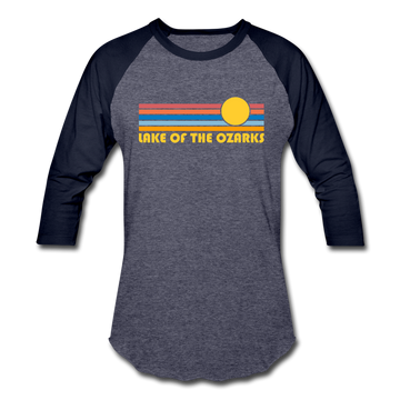 Lake of the Ozarks, Missouri Baseball T-Shirt - Retro Sunrise Unisex Lake of the Ozarks Raglan T Shirt - heather blue/navy