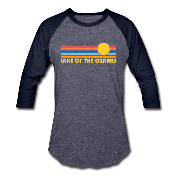 Lake of the Ozarks, Missouri Baseball T-Shirt - Retro Sunrise Unisex Lake of the Ozarks Raglan T Shirt - heather blue/navy