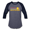 Lake of the Ozarks, Missouri Baseball T-Shirt - Retro Sunrise Unisex Lake of the Ozarks Raglan T Shirt - heather blue/navy