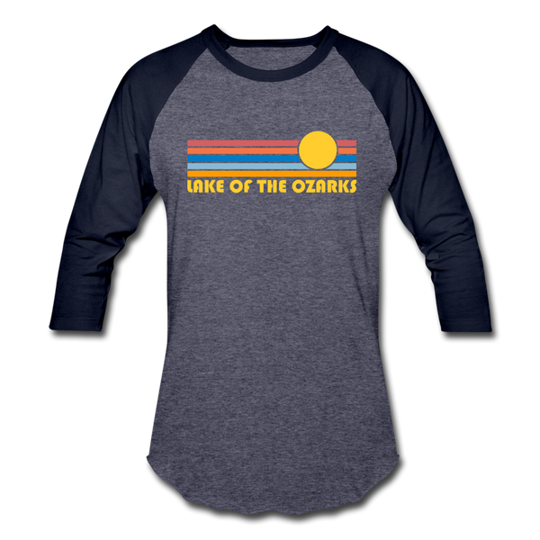Lake of the Ozarks, Missouri Baseball T-Shirt - Retro Sunrise Unisex Lake of the Ozarks Raglan T Shirt - heather blue/navy