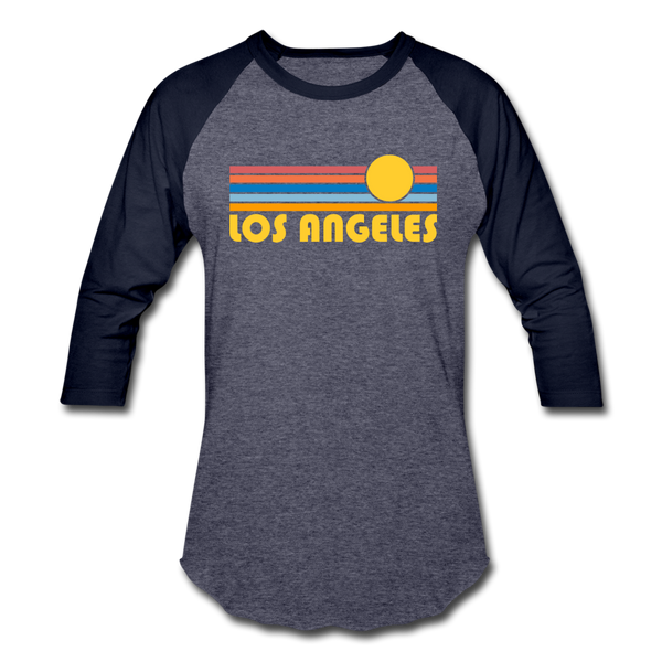 Los Angeles, California Baseball T-Shirt - Retro Sunrise Unisex Los Angeles Raglan T Shirt - heather blue/navy