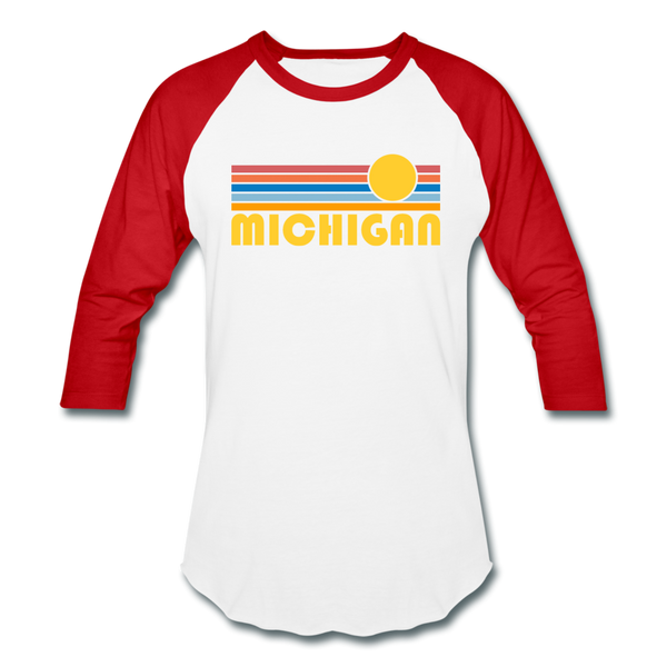Michigan Baseball T-Shirt - Retro Sunrise Unisex Michigan Raglan T Shirt - white/red