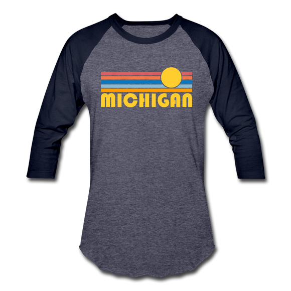 Michigan Baseball T-Shirt - Retro Sunrise Unisex Michigan Raglan T Shirt - heather blue/navy