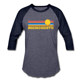 Massachusetts Baseball T-Shirt - Retro Sunrise Unisex Massachusetts Raglan T Shirt - heather blue/navy