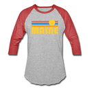 Maine Baseball T-Shirt - Retro Sunrise Unisex Maine Raglan T Shirt - heather gray/red