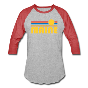Maine Baseball T-Shirt - Retro Sunrise Unisex Maine Raglan T Shirt - heather gray/red