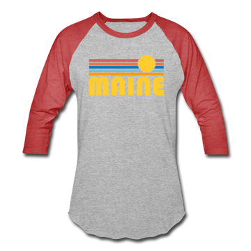 Maine Baseball T-Shirt - Retro Sunrise Unisex Maine Raglan T Shirt - heather gray/red