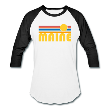 Maine Baseball T-Shirt - Retro Sunrise Unisex Maine Raglan T Shirt - white/black