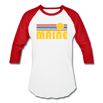 Maine Baseball T-Shirt - Retro Sunrise Unisex Maine Raglan T Shirt - white/red