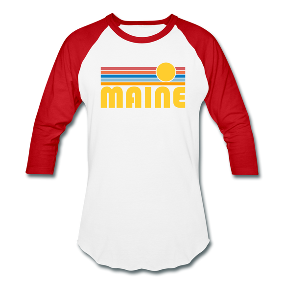 Maine Baseball T-Shirt - Retro Sunrise Unisex Maine Raglan T Shirt - white/red