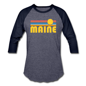 Maine Baseball T-Shirt - Retro Sunrise Unisex Maine Raglan T Shirt - heather blue/navy