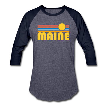 Maine Baseball T-Shirt - Retro Sunrise Unisex Maine Raglan T Shirt - heather blue/navy