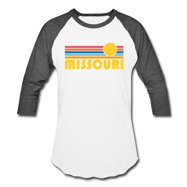 Missouri Baseball T-Shirt - Retro Sunrise Unisex Missouri Raglan T Shirt - white/charcoal
