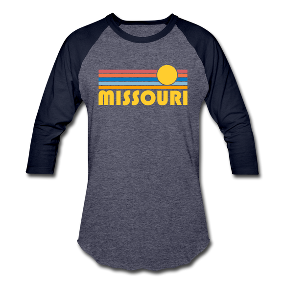 Missouri Baseball T-Shirt - Retro Sunrise Unisex Missouri Raglan T Shirt - heather blue/navy