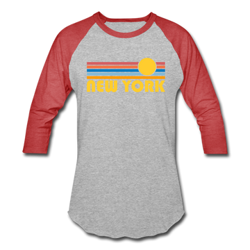 New York, New York Baseball T-Shirt - Retro Sunrise Unisex New York Raglan T Shirt - heather gray/red
