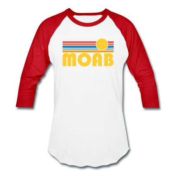 Moab, Utah Baseball T-Shirt - Retro Sunrise Unisex Moab Raglan T Shirt - white/red