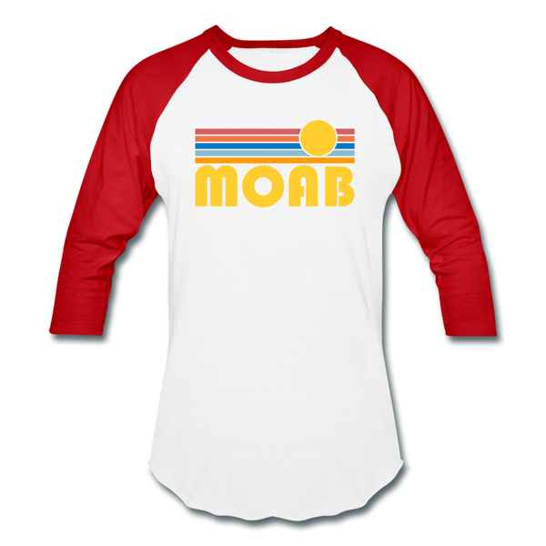 Moab, Utah Baseball T-Shirt - Retro Sunrise Unisex Moab Raglan T Shirt - white/red