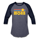 Moab, Utah Baseball T-Shirt - Retro Sunrise Unisex Moab Raglan T Shirt - heather blue/navy