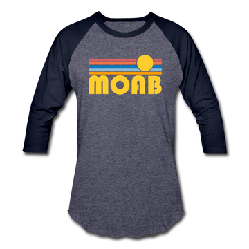 Moab, Utah Baseball T-Shirt - Retro Sunrise Unisex Moab Raglan T Shirt - heather blue/navy