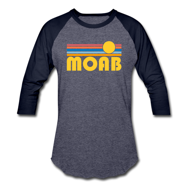 Moab, Utah Baseball T-Shirt - Retro Sunrise Unisex Moab Raglan T Shirt - heather blue/navy