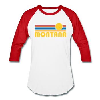Montana Baseball T-Shirt - Retro Sunrise Unisex Montana Raglan T Shirt - white/red