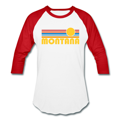Montana Baseball T-Shirt - Retro Sunrise Unisex Montana Raglan T Shirt - white/red