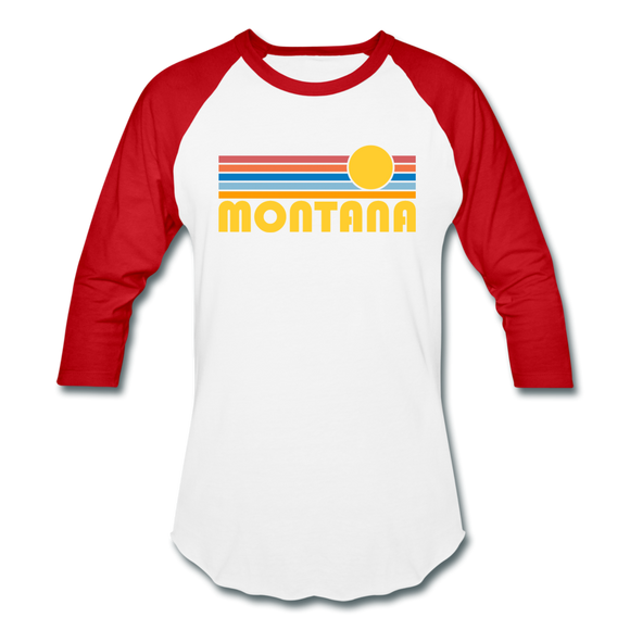 Montana Baseball T-Shirt - Retro Sunrise Unisex Montana Raglan T Shirt - white/red
