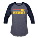 Montana Baseball T-Shirt - Retro Sunrise Unisex Montana Raglan T Shirt - heather blue/navy