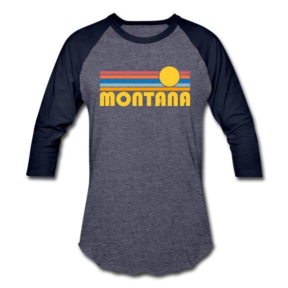 Montana Baseball T-Shirt - Retro Sunrise Unisex Montana Raglan T Shirt - heather blue/navy