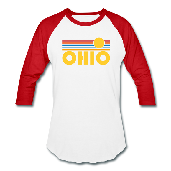 Ohio Baseball T-Shirt - Retro Sunrise Unisex Ohio Raglan T Shirt - white/red