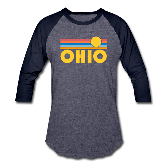 Ohio Baseball T-Shirt - Retro Sunrise Unisex Ohio Raglan T Shirt - heather blue/navy