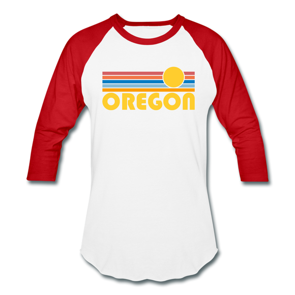 Oregon Baseball T-Shirt - Retro Sunrise Unisex Oregon Raglan T Shirt - white/red