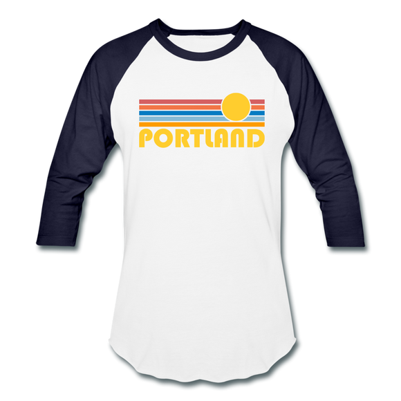 Portland, Oregon Baseball T-Shirt - Retro Sunrise Unisex Portland Raglan T Shirt - white/navy