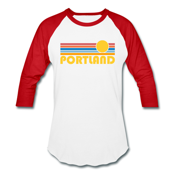 Portland, Oregon Baseball T-Shirt - Retro Sunrise Unisex Portland Raglan T Shirt - white/red