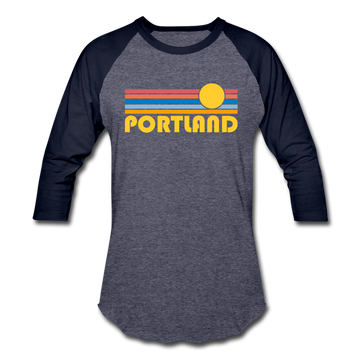 Portland, Oregon Baseball T-Shirt - Retro Sunrise Unisex Portland Raglan T Shirt - heather blue/navy